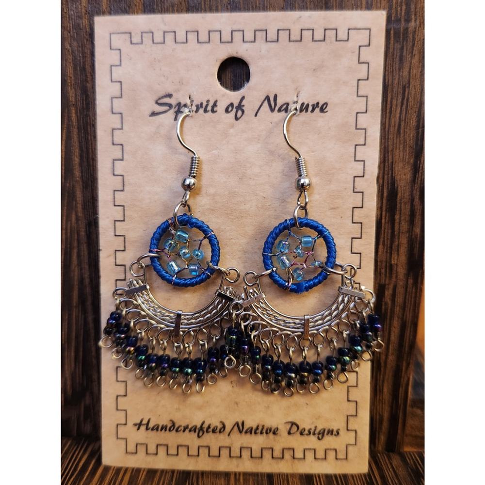 Spirit of Nature Dreamcatcher Earrings Blue Silver Beaded